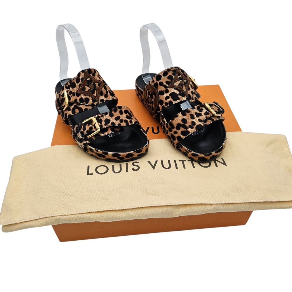 Louis Vuitton Bom Dia Flat Slide Sandal Monogram Leopard Gold Size 37 US 7 - Picture 2 of 15
